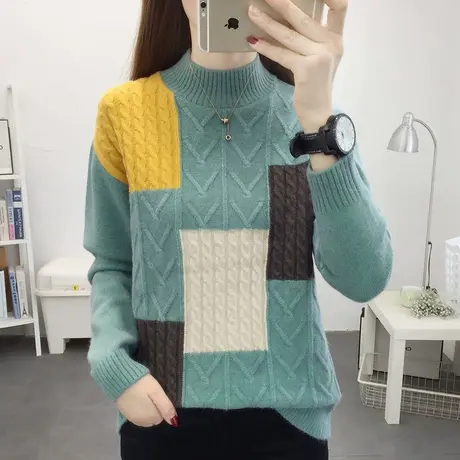 半高领宽松拼色套头毛衣女2023年秋冬新款爆款内搭加厚针织打底衫商品大图