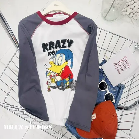 韩国东大门插肩袖上衣撞色俏皮可爱长袖T恤22早秋新款打底衫欧货商品大图