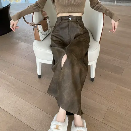 pu皮半身裙女春秋2024年新款开叉中长款显瘦高腰a字裙复古皮裙子图片