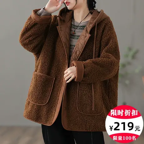 dza 复古中长款连帽羊毛绒棉衣外套女士冬季加厚棉服宽松休闲棉袄图片