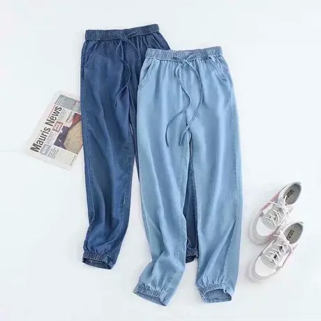 天丝牛仔裤女夏季薄款长裤子韩范显瘦休闲松紧腰束脚九分哈伦裤子商品大图