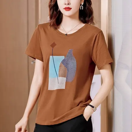 加肥加大码短袖t恤女夏季新款宽松中年妈妈纯棉印花休闲圆领体恤商品大图