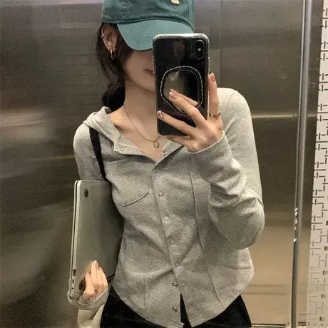 设计感别致长袖上衣女休闲百搭连帽针织衫洋气减龄打底衫T恤秋冬商品大图