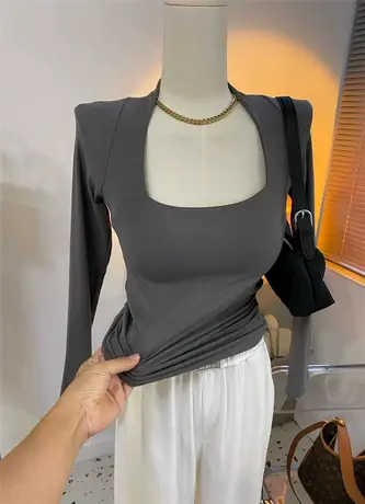 性感修身梯形领方领纯欲长袖t恤女高级灰秋季新款打底衫上衣韩国商品大图