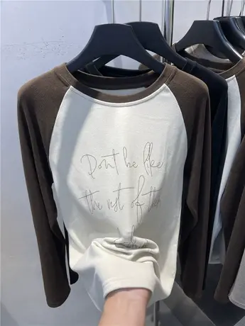 欧货撞色字母印花磨毛长袖T恤女2023秋冬新款休闲百搭打底衫上衣商品大图