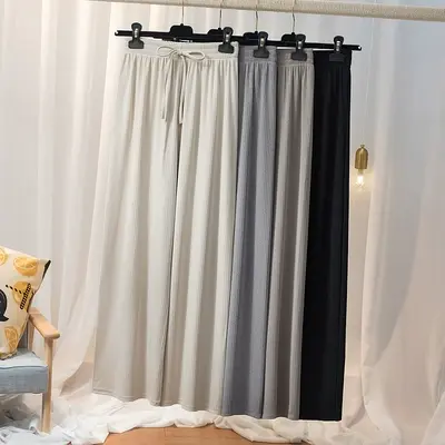 2023春夏新款百搭宽松系带松紧腰休闲裤冰丝坠感坑条直筒阔腿裤图片