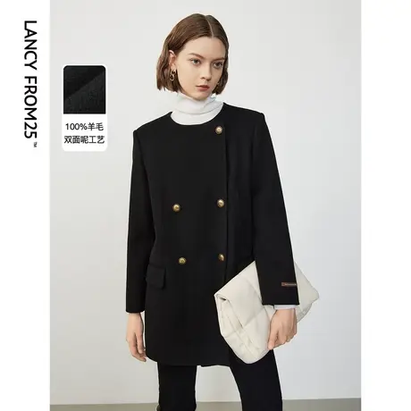 朗姿纯羊毛双面呢复古圆领大衣2023年冬季新款气质显瘦毛呢外套女商品大图