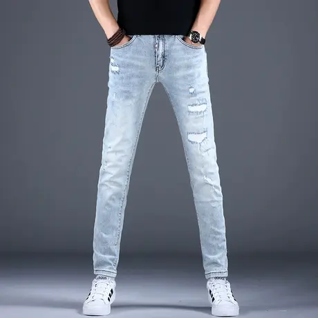 男士破洞牛仔裤男款秋冬季高端潮牌2023新款美式潮流长裤子浅蓝色商品大图