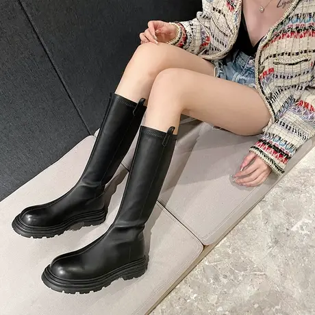 长筒靴女不过膝2024秋冬新款弹力瘦瘦靴高筒靴小个子粗跟增高长靴商品大图