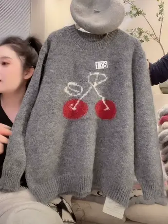 软糯复古樱桃刺绣毛衣女秋冬新款韩版宽松套头慵懒风针织衫上衣洋图片