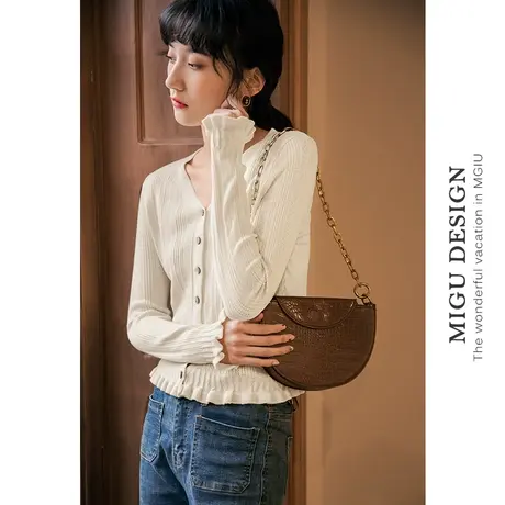 弥古白色镂空针织衫v领长袖早秋薄款法式掐腰上衣女小众外搭开衫商品大图