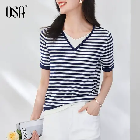 OSA欧莎假两件短袖条纹针织衫女夏季2022年新款简约显瘦v领上衣薄商品大图