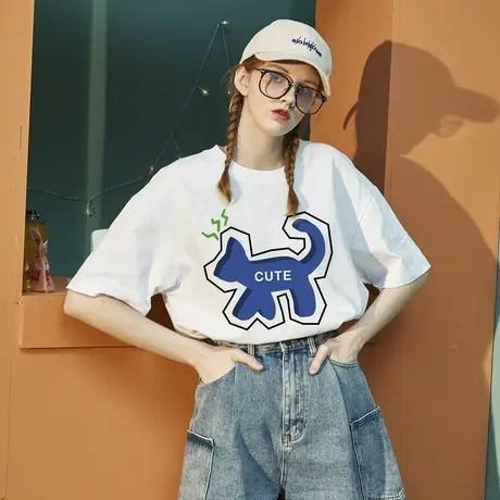 唐狮cute字母t恤少女夏新款短袖设计白色纯棉上衣宽松打底小衫图片