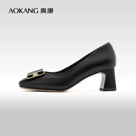 奥康女鞋 2024春季新款方扣装饰鞋面米色方头浅口粗跟时尚单鞋商品大图