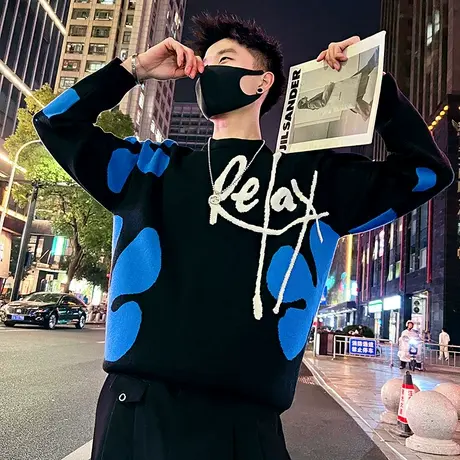 美式宽松休闲撞色毛衣男秋冬2023轻熟个性字母刺绣潮牌打底针织衫商品大图