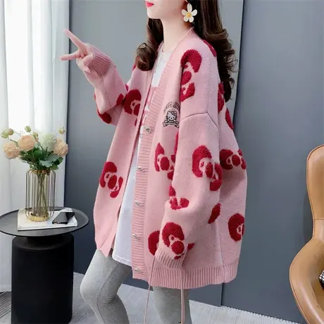 设计感蝴蝶结V领毛衣开衫女春季2024新款宽松慵懒风甜美针织外套商品大图