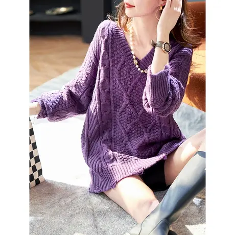 宝诗黎V领纯色慵懒宽松休闲毛衣2024早春新款中长套头坑条针织衫商品大图