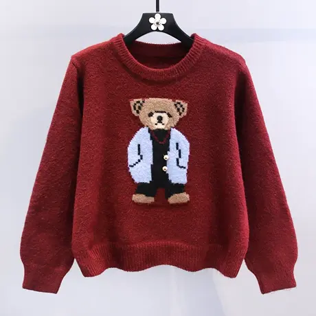 新年卡通小熊红色毛衣女冬季2023新款宽松慵懒风加厚减龄针织上衣图片