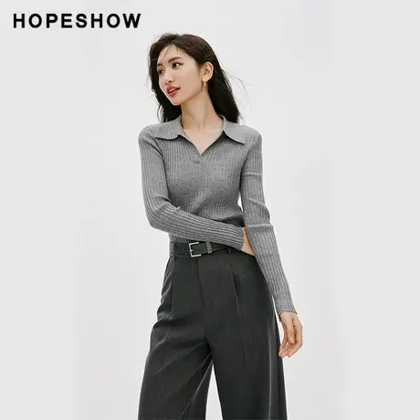 红袖坑条正肩polo领套头针织衫hopeshow2024春新款薄款外穿打底衫图片