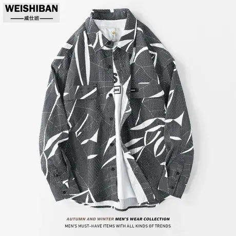 高级感翻领长袖vintage花衬衫男潮流文艺百搭设计感老花衬衣外套商品大图