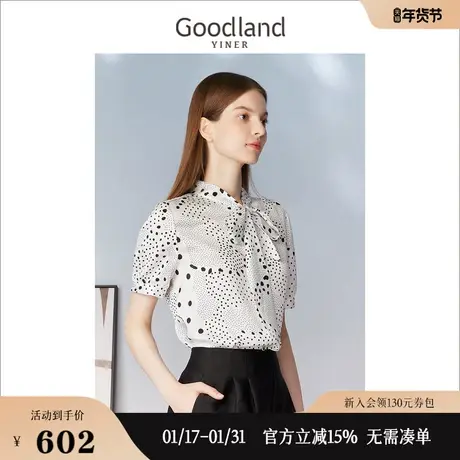 Goodland美地女装2023夏季优雅黑白波点衬衫飘带领短袖上衣图片