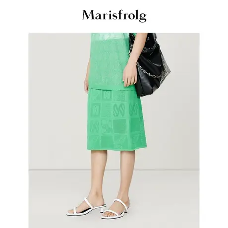 #多巴胺穿搭# 玛丝菲尔2023年夏新款绿色镂空蝴蝶提花修身半身裙图片