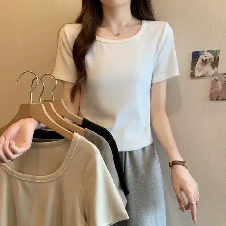 小个子短款简约纯色半袖T恤女夏装2024新款百搭修身显瘦上衣短袖图片