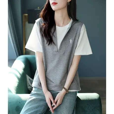 宝诗黎设计感夏装搭配两件套连帽马甲休闲T恤新款百搭减龄短袖女商品大图