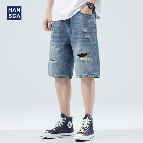 hansca破洞牛仔短裤男士夏季薄款潮牌痞帅宽松直筒复古休闲五分裤商品大图