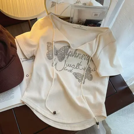 复古辣妹短款T恤女2024年春夏新款不规则遮肚显瘦短袖上衣服藏肉图片