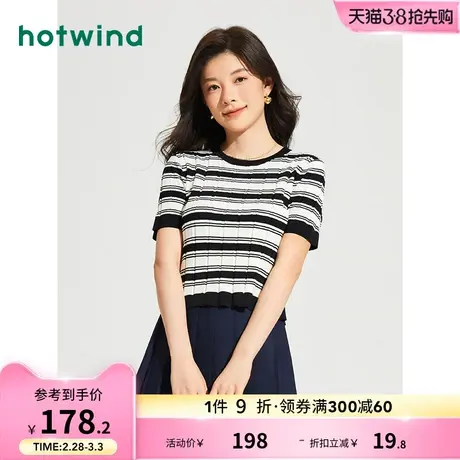 热风2024年春季新款女士圆领条纹针织衫潮流套头毛衣时尚修身上衣商品大图