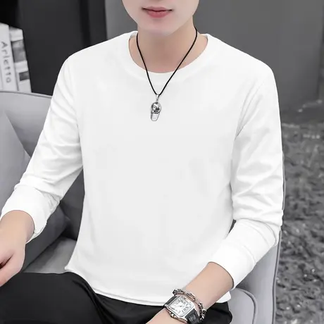 秋季长袖t恤男纯棉纯色白色圆领内搭打底衫潮流全棉体恤上衣服男商品大图