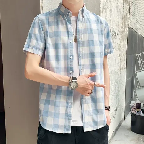 夏季格子衬衫男短袖薄款韩版潮流帅气青少年休闲衬衣学生寸衫上衣商品大图