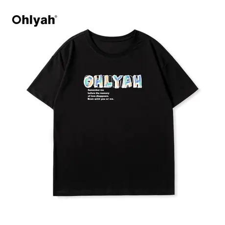 Ohlyah2023夏新复古印花彩色小英文短袖宽松t恤女情侣潮牌百搭ins图片