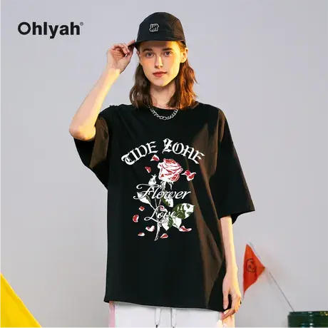 Ohlyah潮牌美式复古凋零玫瑰花卉纯棉重磅短袖T恤男女同款半袖夏商品大图