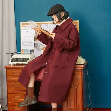 omont蛋挞家 复古毛呢外套女秋冬中长款过膝加厚格子呢子大衣新款商品大图