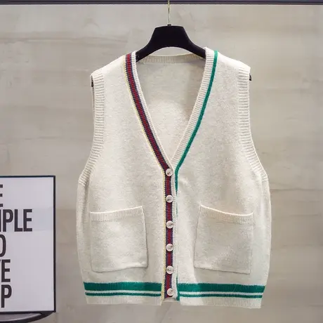 条纹v领针织开衫马甲背心女2023秋装新款宽松马夹外穿毛衣坎肩潮商品大图