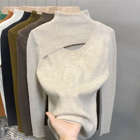 半高领毛衣女打底衫2023秋冬新款套头内搭镂空上衣外穿洋气针织衫商品大图