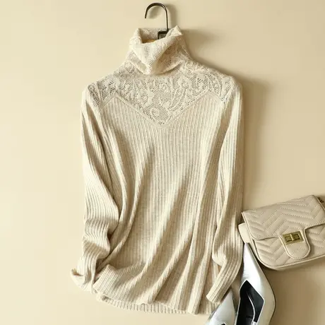 蕾丝雕花半高毛衣女领拼接新款秋冬时尚内搭打底衫女士套头针织衫商品大图