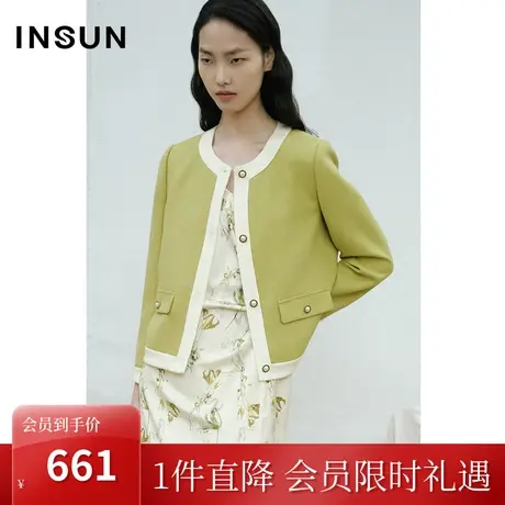 [触感香风]恩裳COVER2023春款新款芥末绿短款箱型仿醋酸复古外套商品大图