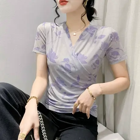 2023夏装新款性感V领T恤女短袖时尚洋气印花上衣修身显瘦网纱小衫商品大图