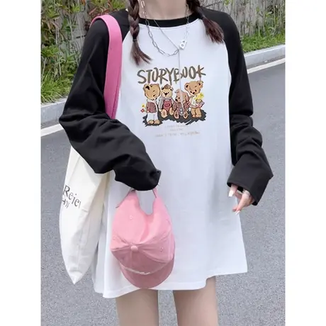 小众设计感插肩长袖t恤女2023秋冬新款洋气卡通上衣中长款打底图片