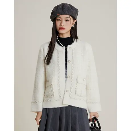 弥古白色小香风外套女高级感气质秋装上衣2023新款秋毛呢针织开衫商品大图