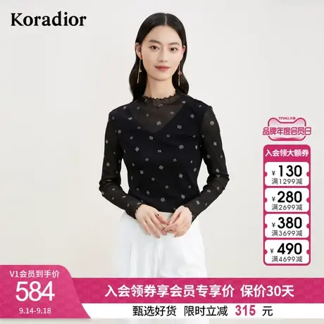 珂莱蒂尔女装2023秋季新款网纱拼接木耳花边外搭针织衫套头上衣图片