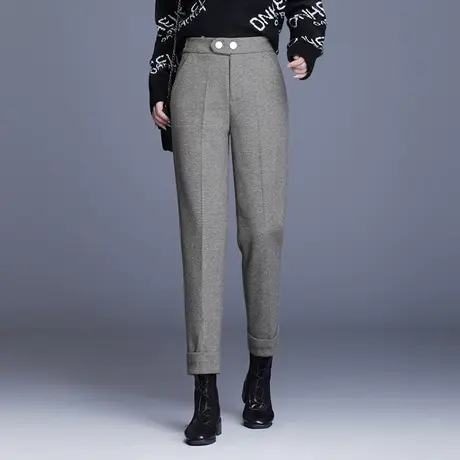 毛呢小脚裤女休闲裤哈伦裤2023冬季新款高腰加厚工装裤小个九分裤商品大图