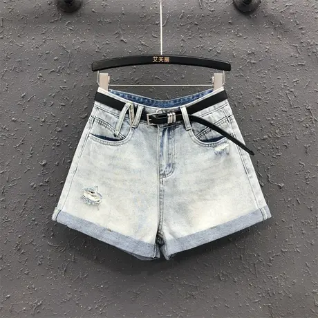 2023夏季新款浅蓝休闲简约百搭磨破卷边牛仔短裤女高腰显瘦阔腿裤商品大图