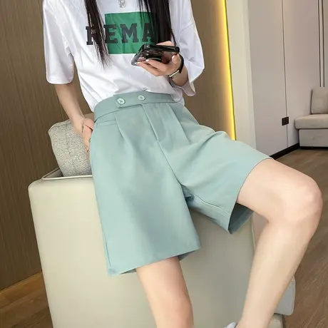 绿色西装五分裤女夏季2023年薄款高腰a字遮肉显瘦宽松阔腿短裤潮商品大图