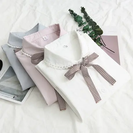 春秋款日系小清新文艺蕾丝花边长袖白衬衫女百搭格子系带打底衬衣图片