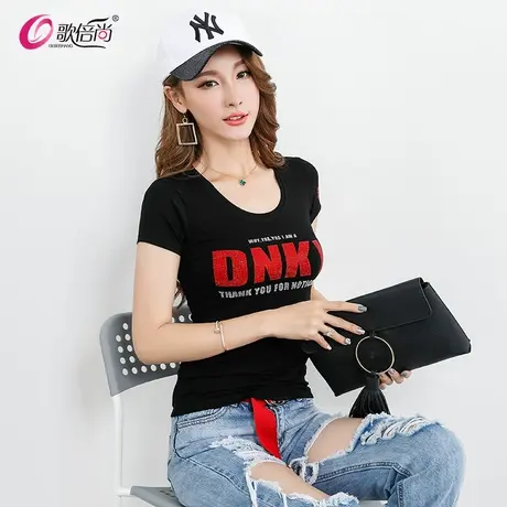 2022春夏新款字母印花欧洲站烫钻短袖T恤女修身显瘦镶钻半袖小衫图片