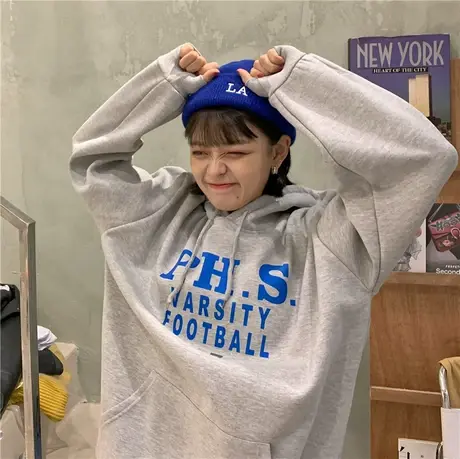 港风ins潮字母百搭宽松bf慵懒风oversize加绒加厚连帽卫衣女外套商品大图